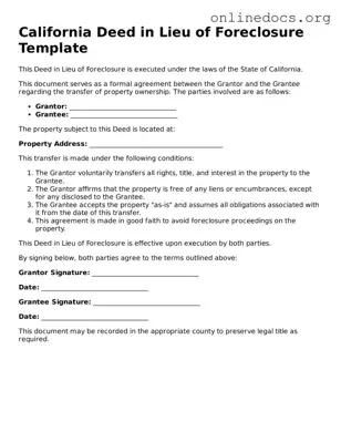 Fillable  Deed in Lieu of Foreclosure Form for California