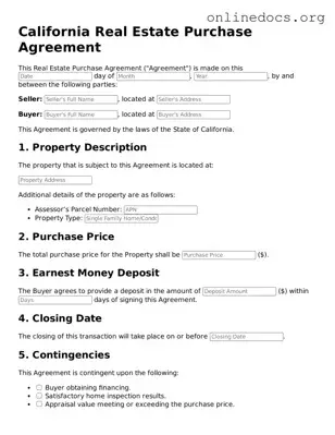 Fillable  Real Estate Purchase Agreement Form for California