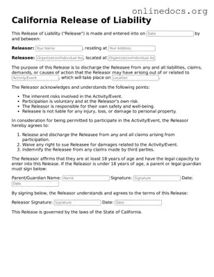 Fillable  Release of Liability Form for California