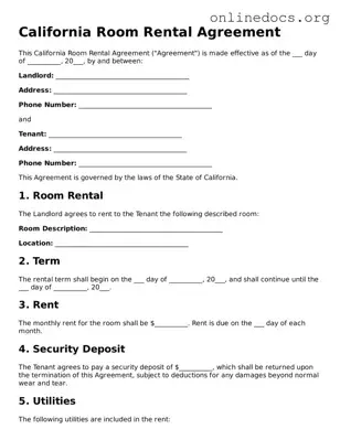 Fillable  Room Rental Agreement Form for California