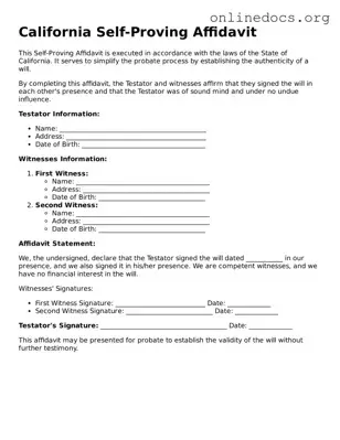 Fillable  Self-Proving Affidavit Form for California