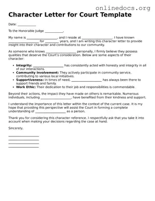 Printable Character Letter for Court Form