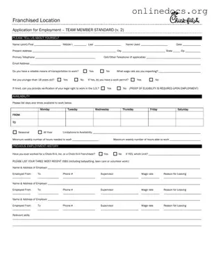 Chick Fil A Job Application PDF Form
