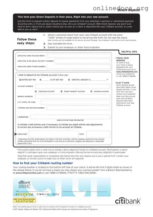 Citibank Direct Deposit PDF Form