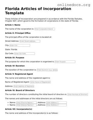 Fillable  Articles of Incorporation Form for Florida