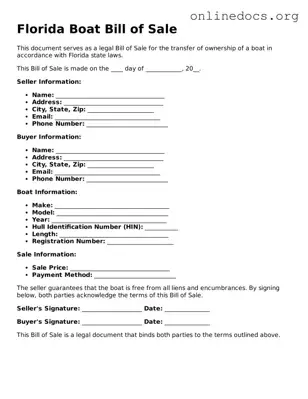 Fillable  Boat Bill of Sale Form for Florida
