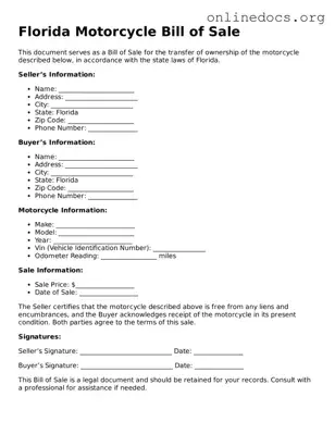 Fillable  Motorcycle Bill of Sale Form for Florida