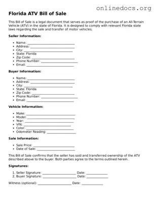 Fillable  ATV Bill of Sale Form for Florida