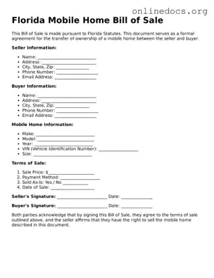 Fillable  Mobile Home Bill of Sale Form for Florida