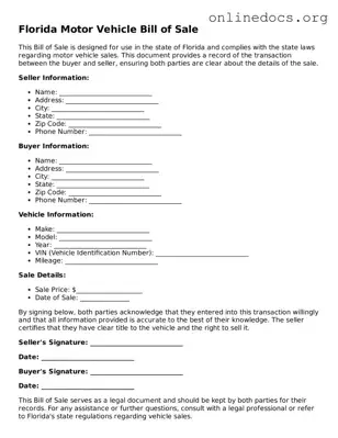 Fillable  Motor Vehicle Bill of Sale Form for Florida