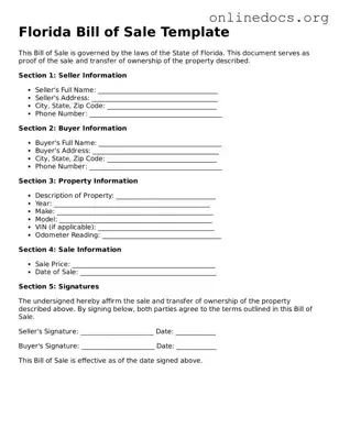 Fillable  Bill of Sale Form for Florida