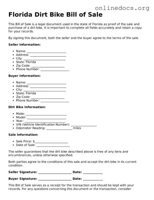 Fillable  Dirt Bike Bill of Sale Form for Florida