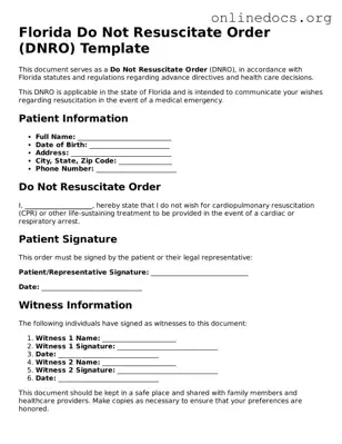 Fillable  Do Not Resuscitate Order Form for Florida