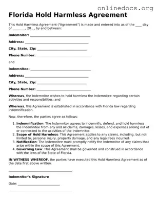Fillable  Hold Harmless Agreement Form for Florida