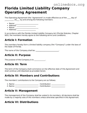 Fillable  Operating Agreement Form for Florida