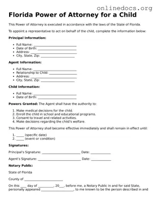 Fillable  Power of Attorney for a Child Form for Florida