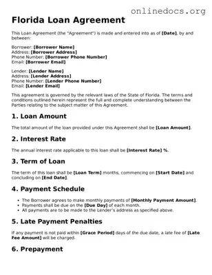 Fillable  Loan Agreement Form for Florida