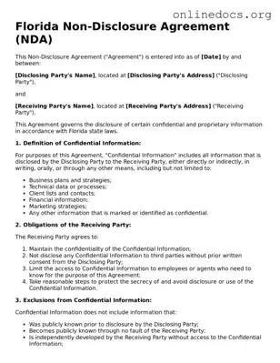 Fillable  Non-disclosure Agreement Form for Florida