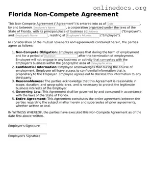 Fillable  Non-compete Agreement Form for Florida