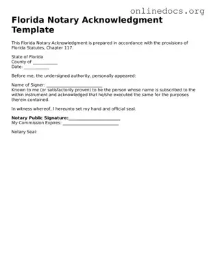 Fillable  Notary Acknowledgement Form for Florida