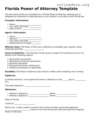 Fillable  Power of Attorney Form for Florida