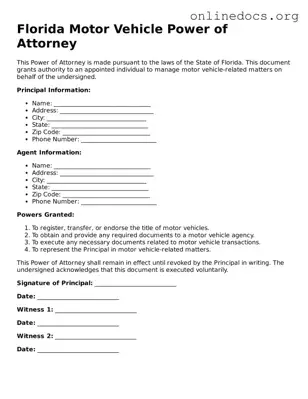 Fillable  Motor Vehicle Power of Attorney Form for Florida