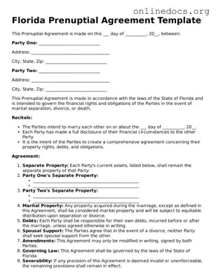 Fillable  Prenuptial Agreement Form for Florida