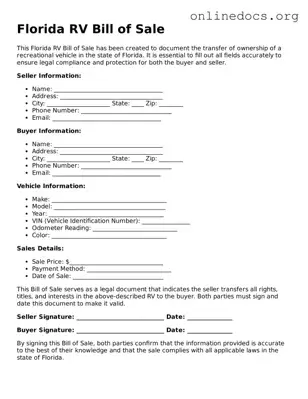 Fillable  RV Bill of Sale Form for Florida