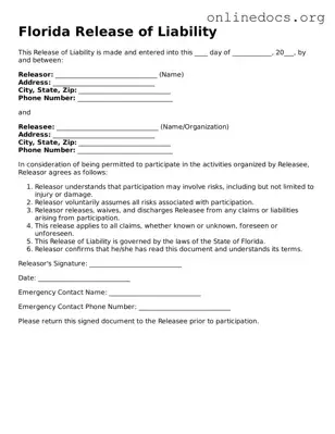 Fillable  Release of Liability Form for Florida
