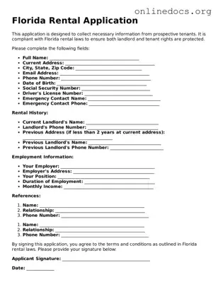 Fillable  Rental Application Form for Florida