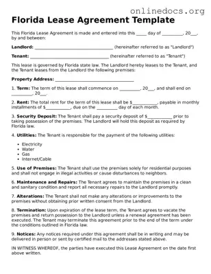 Fillable  Lease Agreement Form for Florida