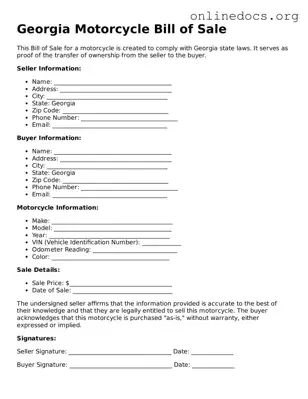 Fillable  Motorcycle Bill of Sale Form for Georgia