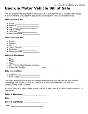 Fillable  Motor Vehicle Bill of Sale Form for Georgia
