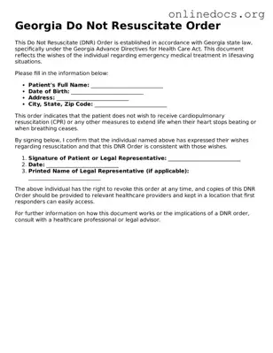 Fillable  Do Not Resuscitate Order Form for Georgia