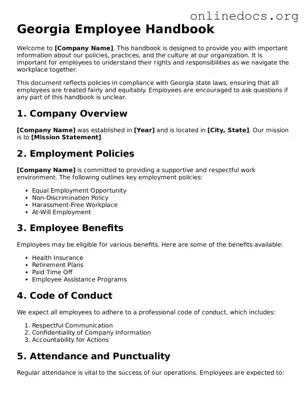 Fillable  Employee Handbook Form for Georgia