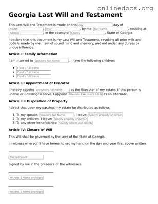 Fillable  Last Will and Testament Form for Georgia