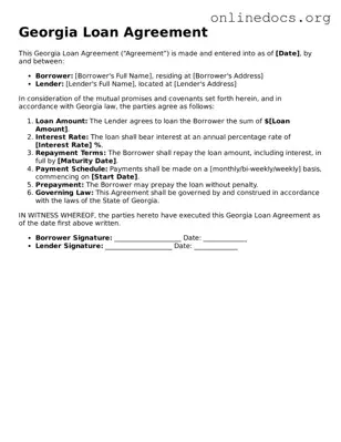 Fillable  Loan Agreement Form for Georgia