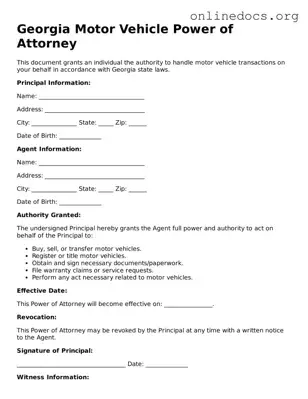 Fillable  Motor Vehicle Power of Attorney Form for Georgia