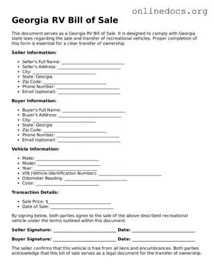 Fillable  RV Bill of Sale Form for Georgia