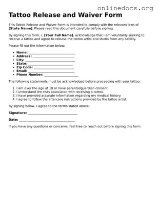 Printable Tattoo Release Form