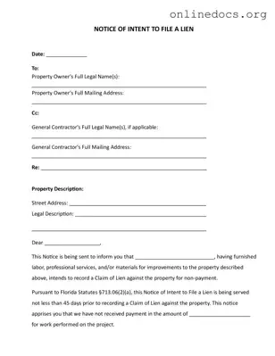 Intent To Lien Florida PDF Form