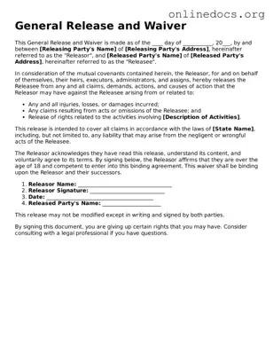 Printable General Release and Waiver Form