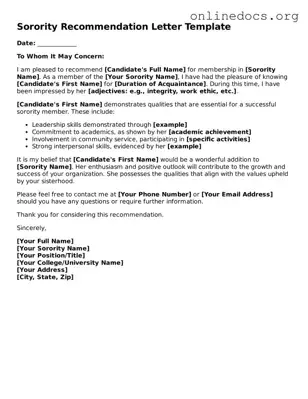 Printable Sorority Recommendation Letter Form