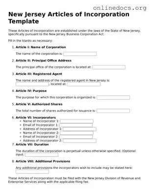 Fillable  Articles of Incorporation Form for New Jersey