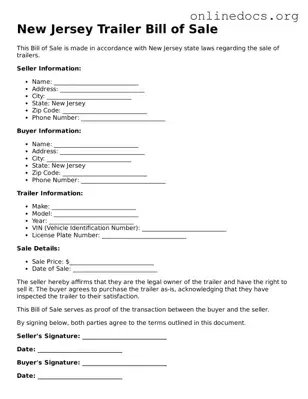 Fillable  Trailer Bill of Sale Form for New Jersey