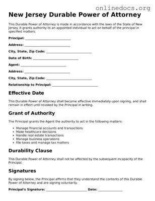 Fillable  Durable Power of Attorney Form for New Jersey
