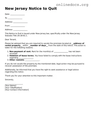 Fillable  Notice to Quit Form for New Jersey