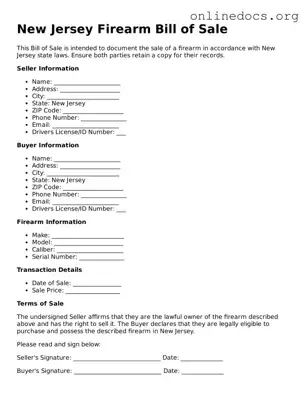 Fillable  Firearm Bill of Sale Form for New Jersey