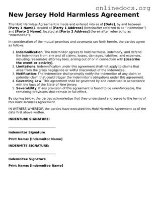 Fillable  Hold Harmless Agreement Form for New Jersey