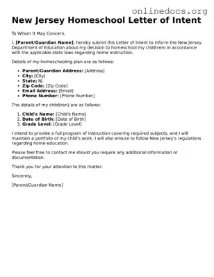 Fillable  Homeschool Letter of Intent Form for New Jersey